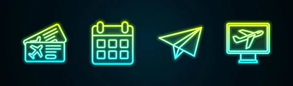 Stel lijn Vliegticket, Kalender en vliegtuig, Papier en Vliegtuig. Een gloeiend neon icoon. Vector — Stockvector
