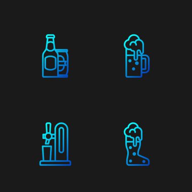 Çizgili bira bardağı, bira musluğu, şişe ve kutu ve tahta bardak. Renk simgeleri. Vektör