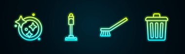 Hat, bulaşık yıkama, elektrikli süpürge, temizlik ve çöp tenekesi fırçası. Parlayan neon ikonu. Vektör