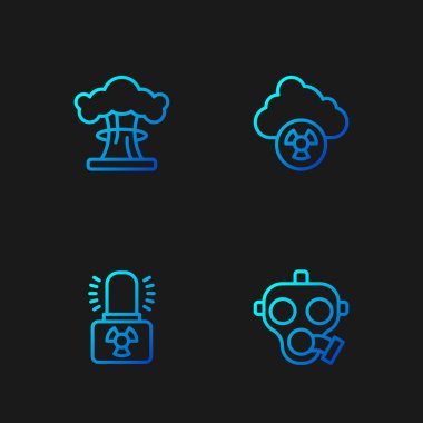 Gaz maskesi, radyoaktif uyarı lambası, nükleer patlama asit yağmuru ve radyoaktif bulut. Renk simgeleri. Vektör