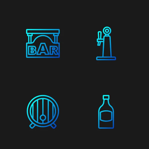 Set line láhev od piva, dřevěný sud, pouliční tabule s barem a kohoutkem. Barevné ikony přechodu. Vektor — Stockový vektor
