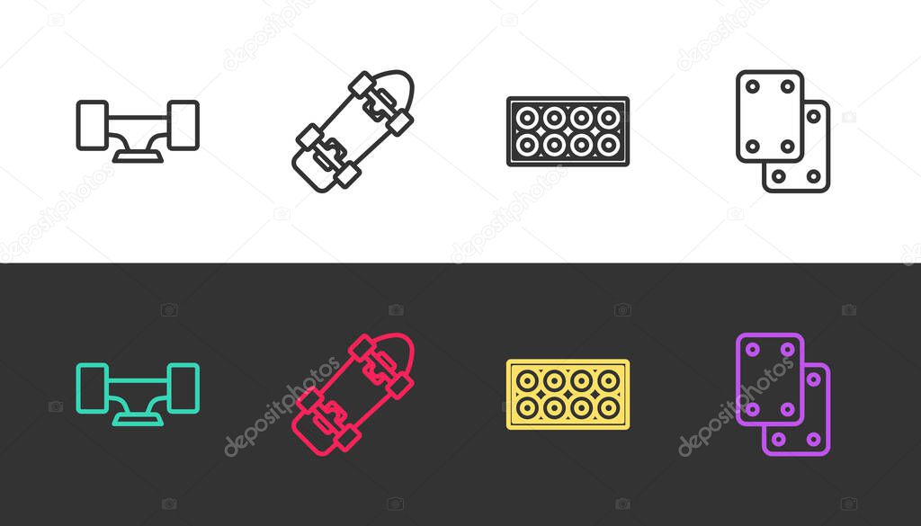 Set line Skateboard wheel, , and Knee pads on black and white. Vector