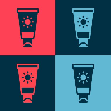 Pop Art Sunscreen kremi renkli arka planda izole edilmiş tüp simgesinde. Cilt için güneş ultraviyole ışığından koruma. Vektör