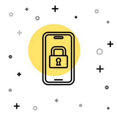 Beyaz arkaplanda izole edilmiş kilit ikonu için kablosuz teknolojiye sahip siyah çizgi dijital kapı kilidi. Kapı kolu tabelası. Güvenlik akıllı ev. Rastgele dinamik şekiller. Vektör