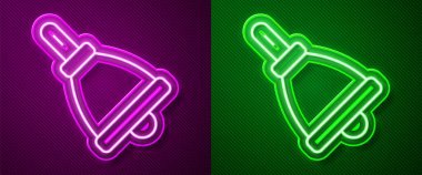 Parlayan neon hattı zil simgesi mor ve yeşil arkaplanda izole edildi. Alarm sembolü, servis zili, el zili işareti, uyarı sembolü. Vektör