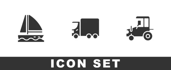 Set Yacht sailboat, Delivery cargo truck and Tractor icon. Vector — Stock Vector