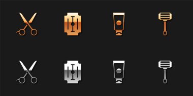 Makas kuaförü, jilet ustura, krem kozmetik tüp ve tıraş ikonu. Vektör