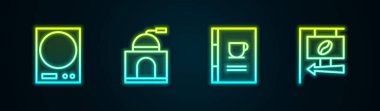 Elektronik teraziler, el yapımı kahve öğütücüsü, kahve kitabı ve sokak tabelası. Parlayan neon ikonu. Vektör
