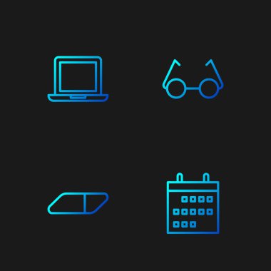 Satır Takvimi, Silgi veya Lastik, Laptop ve Gözlükler. Renk simgeleri. Vektör