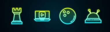Set line Business Strateji, Online oyun videosu, bowling topu ve iğne. Parlayan neon ikonu. Vektör