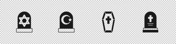 Set Grave com estrela de David, cemitério muçulmano, cruz de Caixão e ícone de lápide. Vetor —  Vetores de Stock
