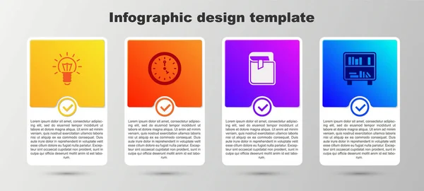 Set Bombilla, Reloj, Libro y Estante con libros. Plantilla de infografía empresarial. Vector — Vector de stock