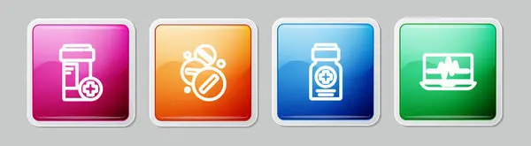 Set line Botella de medicina, píldora o tableta, y Laptop con cardiograma. Botón cuadrado colorido. Vector — Vector de stock