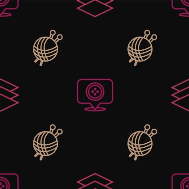 Çizgi tabaka tekstil, örgü iğneli iplik topu ve dikiş desenli terzi dükkanı. Vektör