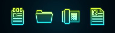 Satır Spiral defteri, Belge klasörü, Telefon ve Özgeçmiş 'i ayarla. Parlayan neon ikonu. Vektör