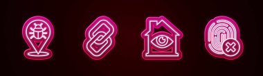 Satır Sistem Hatası, Zincir Bağlantısı, Göz taraması ve iptal edilmiş parmak izi olan ev. Parlayan neon ikonu. Vektör