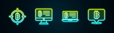 Hedefteki Bitcoin hattını, monitör, dizüstü bilgisayar ve madencilik bitcoin hattını ayarlayın. Parlayan neon ikonu. Vektör