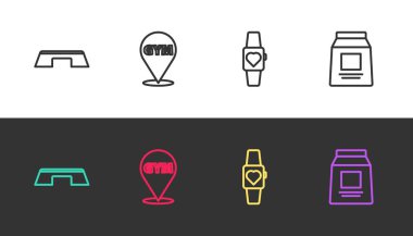 Set hattı Step platformu, konum jimnastik salonu, Smartwatch ve spor beslenmesi siyah beyaz. Vektör