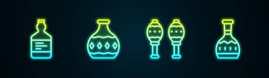 Sıra Tekila şişesi, Maracas ve... Parlayan neon ikonu. Vektör