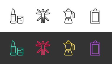 Sabit çizgi ruj, Vitruvialı adam, kahve fincanı ve siyah beyaz resim. Vektör