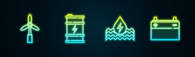 Rüzgar türbini, biyo yakıt varili, su enerjisi ve araba aküsünü ayarlayın. Parlayan neon ikonu. Vektör