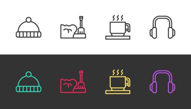 Kış şapkası, kürek kar yığınları, sıcak çikolata kupası ve siyah beyaz kulaklıklar. Vektör