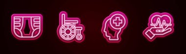 Yetişkin çocuk bezi, tekerlekli sandalye, hastane ve kalp atış hızı olan erkek kafası. Parlayan neon ikonu. Vektör