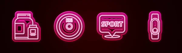 Set line Sports nutrition, Weight plate, Location gym and Smartwatch. Glowing neon icon. Vector — Stock Vector