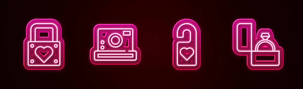 Set line Lock and heart, Photo camera, Please do not disturb and Diamond engagement ring. Glowing neon icon. Vector — Stock Vector