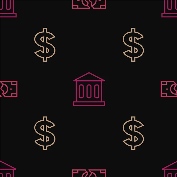 Definir linha Rasgar nota de dinheiro, símbolo do dólar e construção de banco em padrão sem costura. Vetor — Vetor de Stock