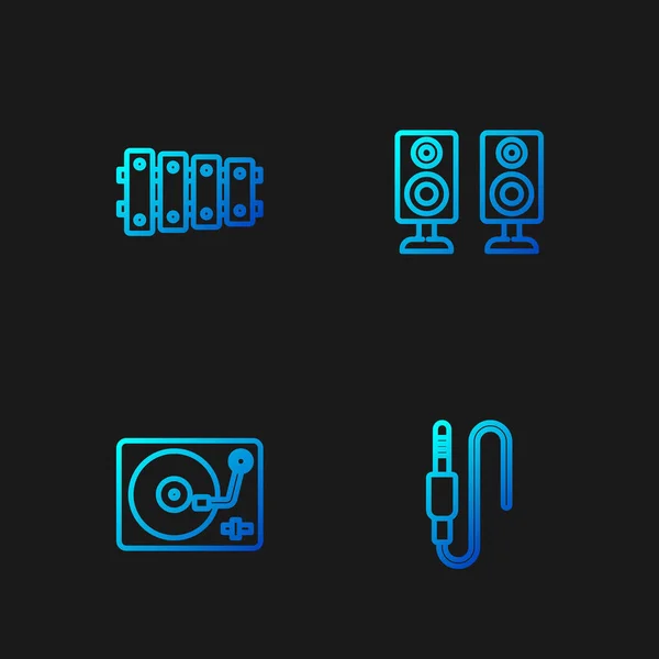 Set line Audio jack, Reproductor de vinilo con disco de vinilo, Xilófono y Altavoz estéreo. Iconos de color degradado. Vector — Archivo Imágenes Vectoriales