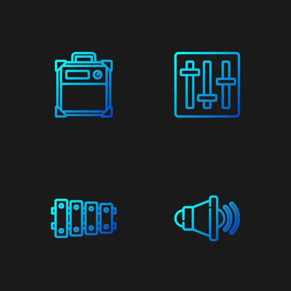 Establecer volumen de altavoz de línea, Xilófono, amplificador de guitarra y controlador de mezclador de sonido. Iconos de color degradado. Vector — Vector de stock