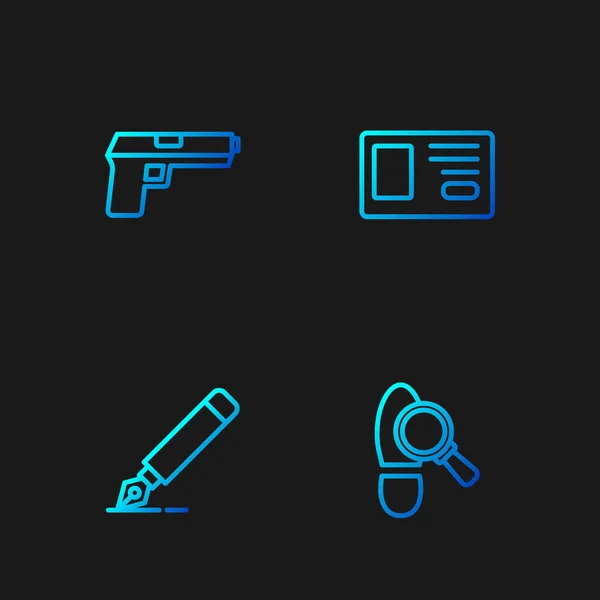 Set line Footsteps, Fountain pen nib, Pistol or gun and Identification badge. Gradient color icons. Vector — Stock Vector