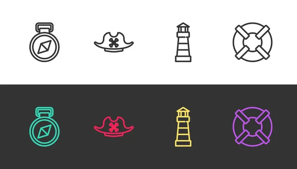 Set line Compass, Pirate hat, Lighthouse and Lifebuoy on black and white. Vector — Stock Vector