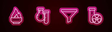 Alkol veya ruh yakıcı, test tüpü ve matara, huni filtresi ve radyasyon ayarlayın. Parlayan neon ikonu. Vektör