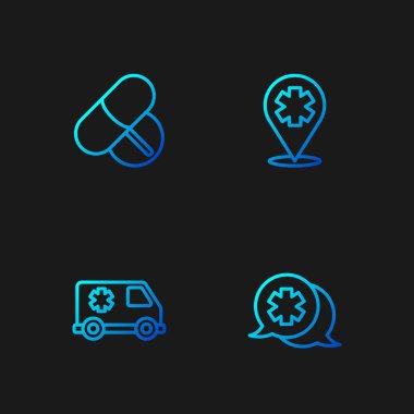 Doktorla, acil servis arabasıyla, ilaç tabletleriyle ve çapraz konum hastanesiyle diyalog kurun. Renk simgeleri. Vektör