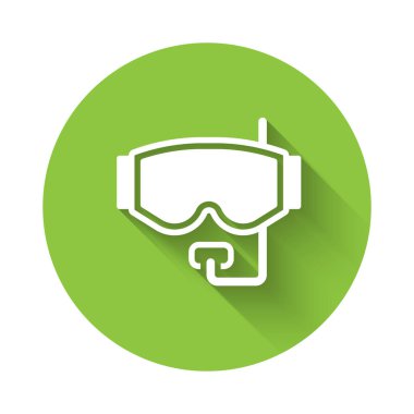 Beyaz Dalış Maskesi simgesi uzun gölgeli izole edildi. Olağanüstü bir spor. Su altı ekipmanları. Yeşil daire düğmesi. Vektör