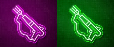 Parlayan neon hattı. Mor ve yeşil zıpkın ikonu izole edilmiş. Suyun altında balık yakalamak için balıkçılık üreticileri. Su altı ekipmanları. Vektör