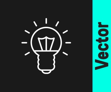 Siyah arka planda izole edilmiş fikir ikonu kavramına sahip beyaz çizgi lambası. Enerji ve fikir sembolü. İlham konsepti. Vektör