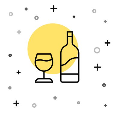 Beyaz arka planda izole edilmiş cam ikonlu siyah çizgi şarap şişesi. Rastgele dinamik şekiller. Vektör