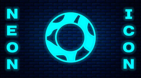 Glowing neon Rubber swimming ring icon isolated on brick wall background. Life saving floating lifebuoy for beach, rescue belt for saving people. Vector — Stock Vector