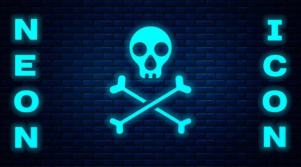 Glowing neon Skull on crossbones icon isolated on brick wall background. Happy Halloween party. Vector — Stock Vector