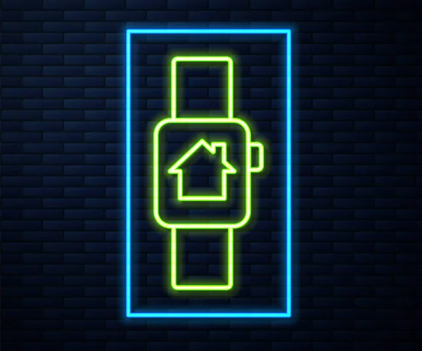 Gloeiende neon lijn Smart home met smart watch icoon geïsoleerd op bakstenen muur achtergrond. Afstandsbediening. Vector — Stockvector