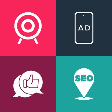 Pop Art SEO optimizasyonunu, müşteri ürün değerlendirmesini, Reklamcılığı ve Hedef Spor ikonunu ayarlayın. Vektör