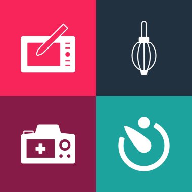 Pop sanat kamera zamanlayıcısı, fotoğraf makinesi, toz üfleyici ve grafik tablet simgesini ayarla. Vektör