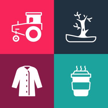 Pop Art Coffee bardağını hazır et, Yağmurluk, Çıplak Ağaç ve Traktör ikonu. Vektör