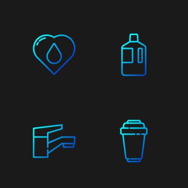 Su filtresi kartuşu, musluk, su damlalı kalp ve büyük şişe temizliği ayarlayın. Renk simgeleri. Vektör