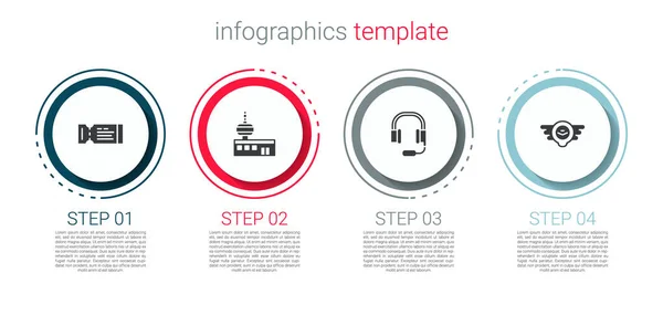 Establecer billete de avión, torre de control del aeropuerto, auriculares con micrófono y emblema de aviación. Plantilla de infografía empresarial. Vector — Vector de stock