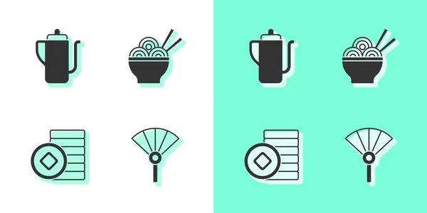 Conjunto chino o japonés plegable ventilador, ceremonia del té, Yuan moneda y fideos asiáticos icono del tazón. Vector — Archivo Imágenes Vectoriales