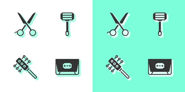 Set lame rasoir, ciseaux coiffeur, brosse à cheveux et icône de rasage. Vecteur — Image vectorielle